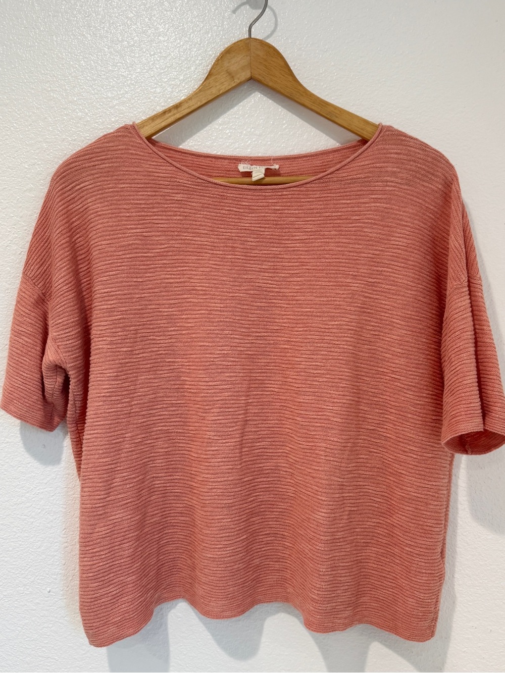 Eileen Fisher Organic Linen Cotton Boxy Boat Neck Short Sleeve Top Clay Pink S